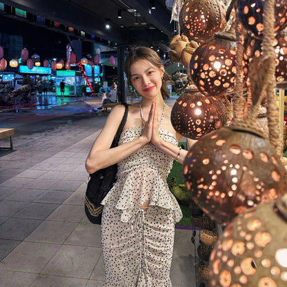 Fairy 2-Piece Set Sheath Asymmetric Hem Midi Dress Fashionable Polka Dots Print Ruffles Trim Halter Short Dress AP3543