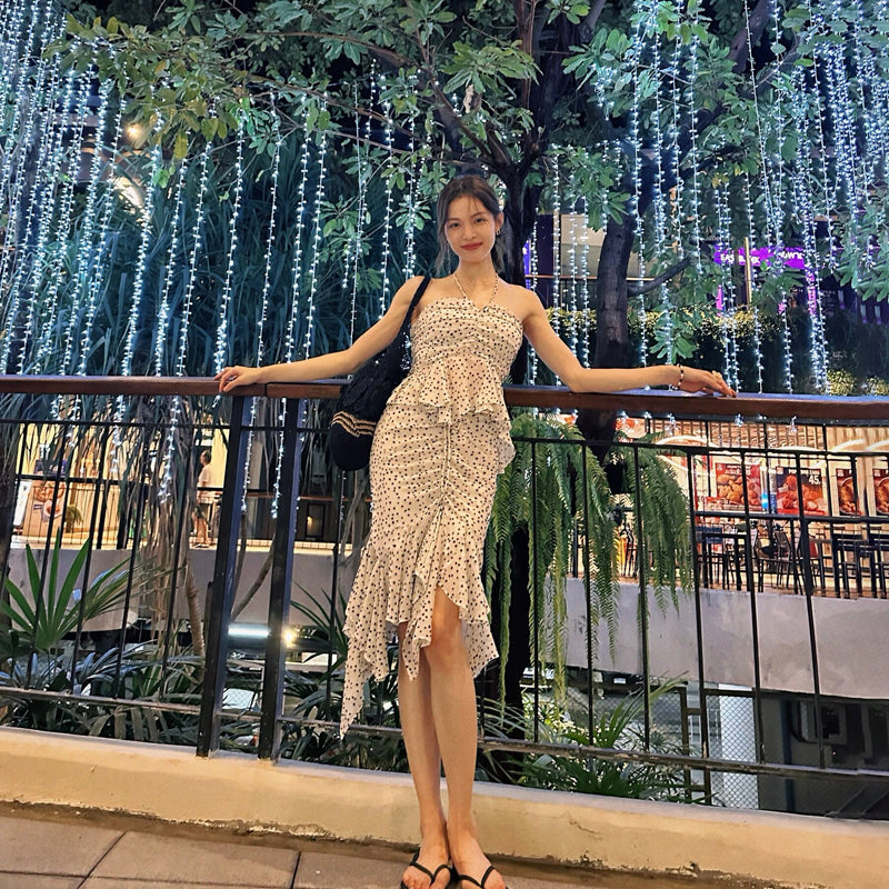 Fairy 2-Piece Set Sheath Asymmetric Hem Midi Dress Fashionable Polka Dots Print Ruffles Trim Halter Short Dress AP3543