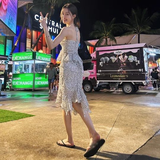 Fairy 2-Piece Set Sheath Asymmetric Hem Midi Dress Fashionable Polka Dots Print Ruffles Trim Halter Short Dress AP3543