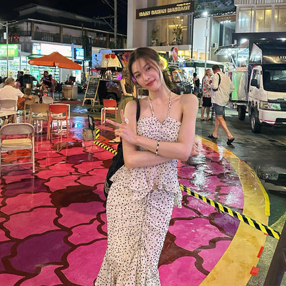 Fairy 2-Piece Set Sheath Asymmetric Hem Midi Dress Fashionable Polka Dots Print Ruffles Trim Halter Short Dress AP3543