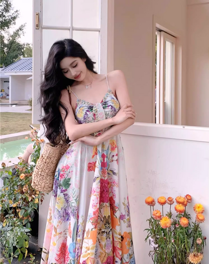 New Tendency Spaghetti Straps Maxi Dress Romantic A-Line Floral Print Sequins Design Long Dress AP3544