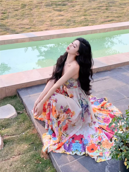 New Tendency Spaghetti Straps Maxi Dress Romantic A-Line Floral Print Sequins Design Long Dress AP3544