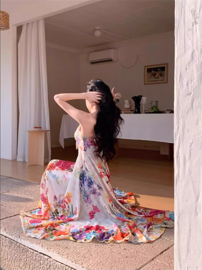 New Tendency Spaghetti Straps Maxi Dress Romantic A-Line Floral Print Sequins Design Long Dress AP3544