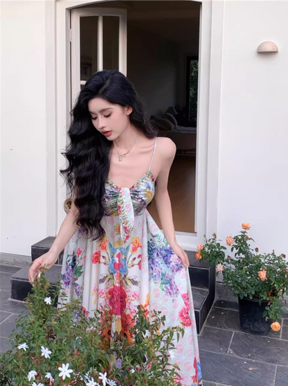 New Tendency Spaghetti Straps Maxi Dress Romantic A-Line Floral Print Sequins Design Long Dress AP3544