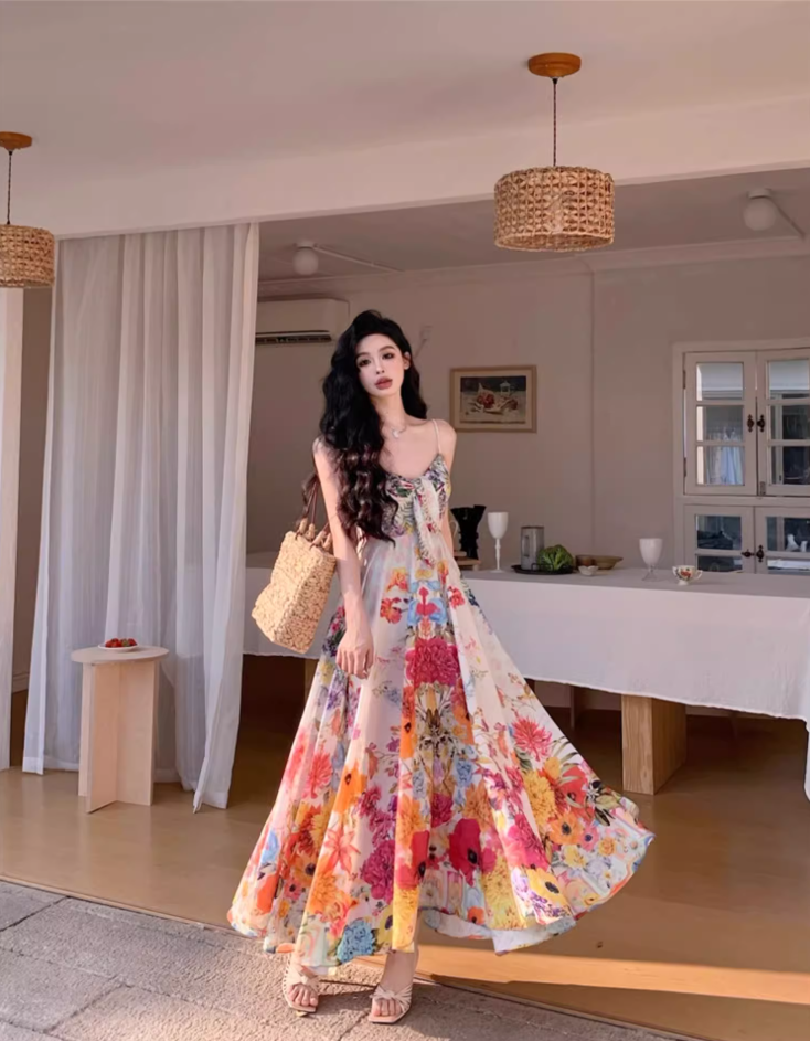 New Tendency Spaghetti Straps Maxi Dress Romantic A-Line Floral Print Sequins Design Long Dress AP3544