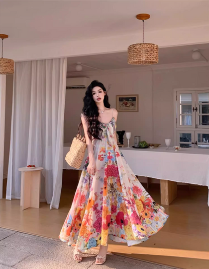 New Tendency Spaghetti Straps Maxi Dress Romantic A-Line Floral Print Sequins Design Long Dress AP3544