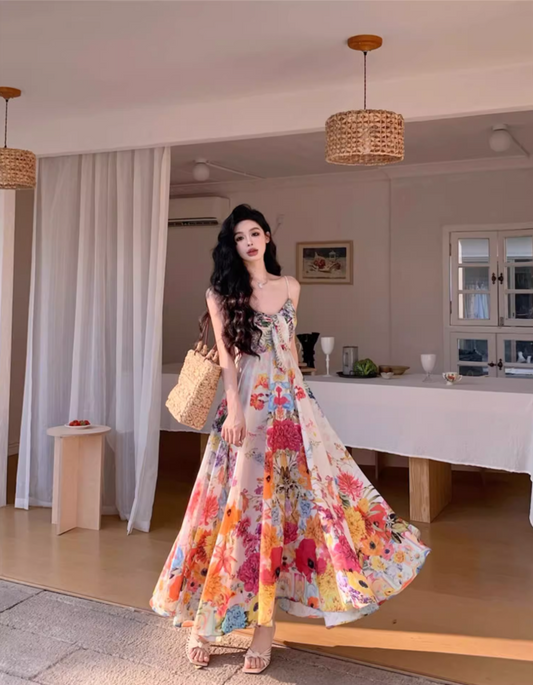 New Tendency Spaghetti Straps Maxi Dress Romantic A-Line Floral Print Sequins Design Long Dress AP3544