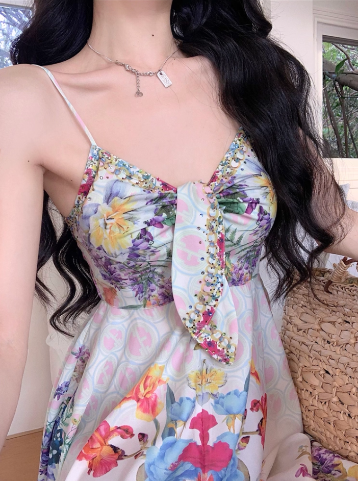 New Tendency Spaghetti Straps Maxi Dress Romantic A-Line Floral Print Sequins Design Long Dress AP3544