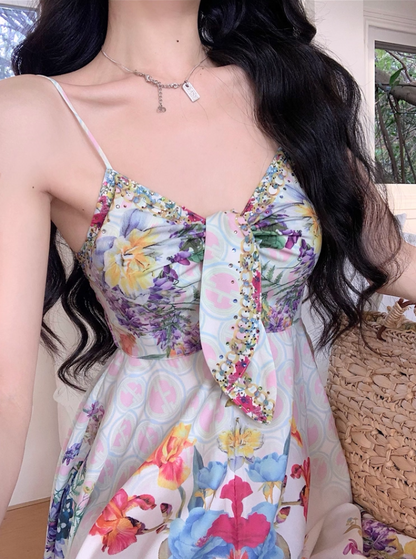 New Tendency Spaghetti Straps Maxi Dress Romantic A-Line Floral Print Sequins Design Long Dress AP3544