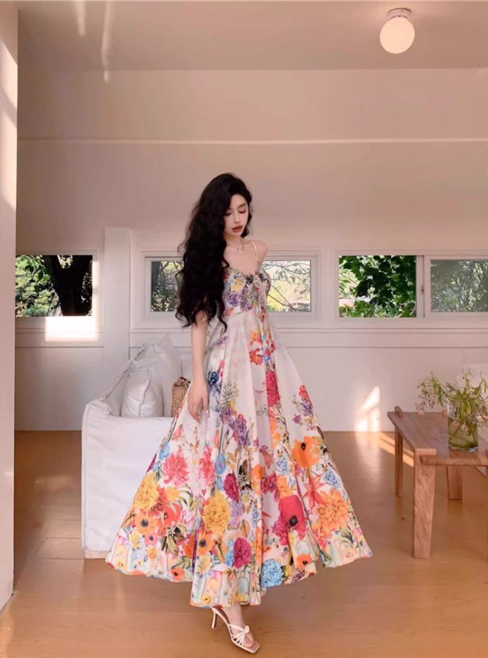 New Tendency Spaghetti Straps Maxi Dress Romantic A-Line Floral Print Sequins Design Long Dress AP3544