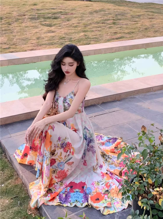 New Tendency Spaghetti Straps Maxi Dress Romantic A-Line Floral Print Sequins Design Long Dress AP3544