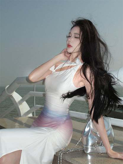 Y2K Style Asymmetric Neckline Sheath Cutout Ombre Maxi Dresses Amazing Floral Accent Ruched Slit Long Dress AP3545