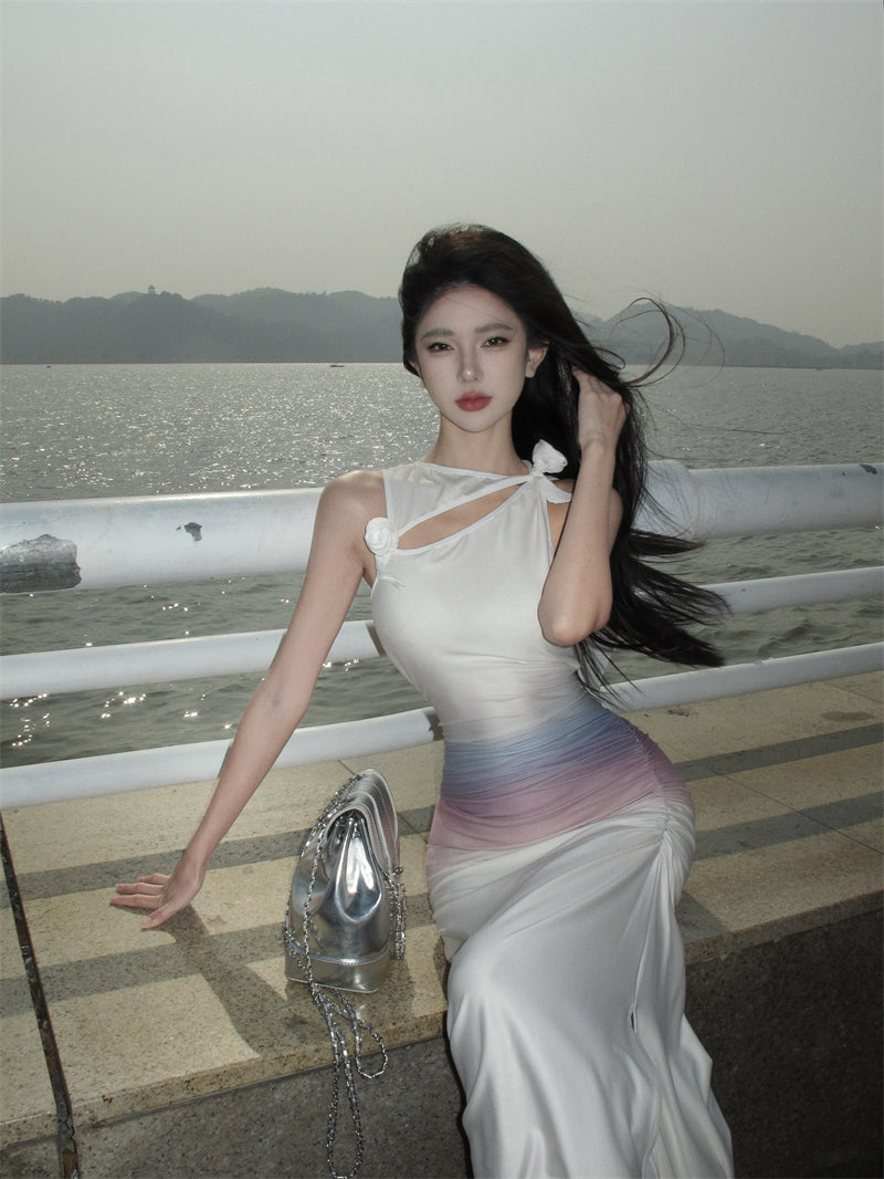 Y2K Style Asymmetric Neckline Sheath Cutout Ombre Maxi Dresses Amazing Floral Accent Ruched Slit Long Dress AP3545