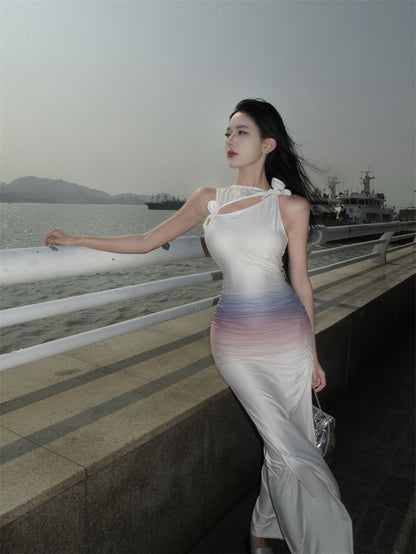 Y2K Style Asymmetric Neckline Sheath Cutout Ombre Maxi Dresses Amazing Floral Accent Ruched Slit Long Dress AP3545