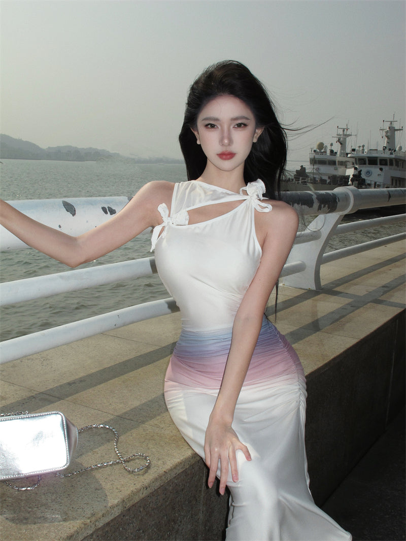 Y2K Style Asymmetric Neckline Sheath Cutout Ombre Maxi Dresses Amazing Floral Accent Ruched Slit Long Dress AP3545