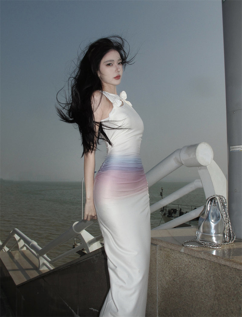 Y2K Style Asymmetric Neckline Sheath Cutout Ombre Maxi Dresses Amazing Floral Accent Ruched Slit Long Dress AP3545