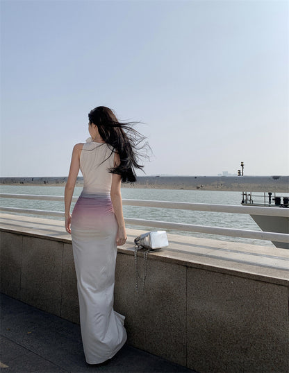 Y2K Style Asymmetric Neckline Sheath Cutout Ombre Maxi Dresses Amazing Floral Accent Ruched Slit Long Dress AP3545