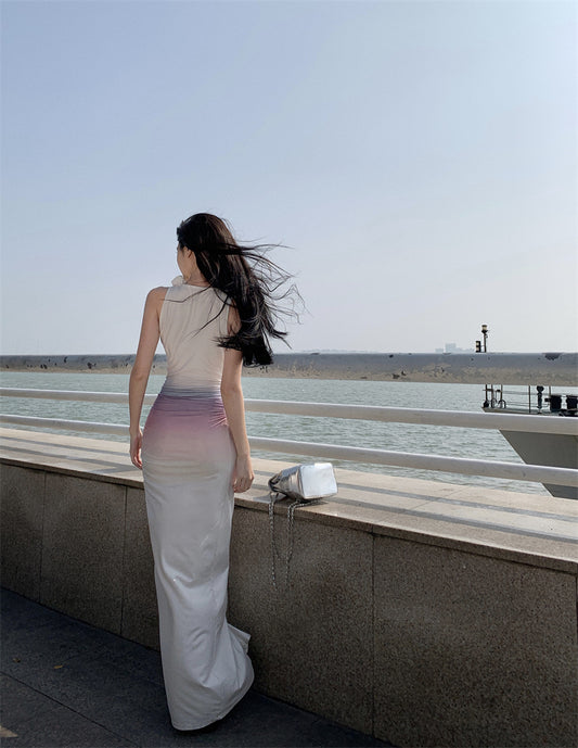 Y2K Style Asymmetric Neckline Sheath Cutout Ombre Maxi Dresses Amazing Floral Accent Ruched Slit Long Dress AP3545