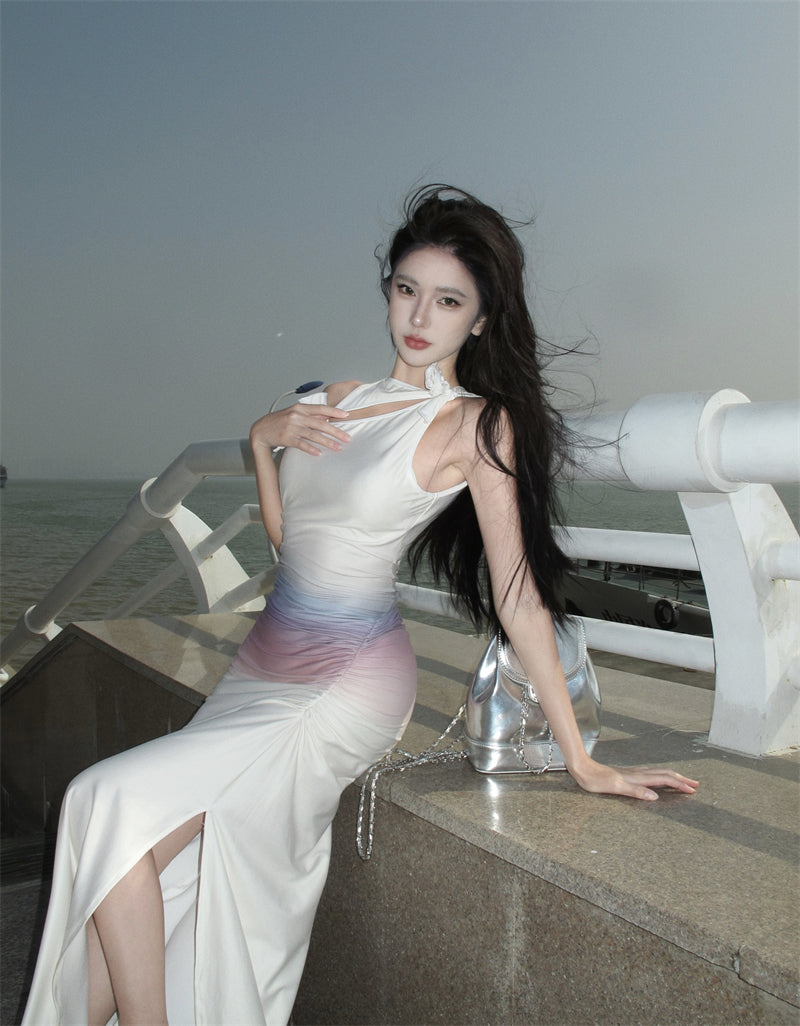 Y2K Style Asymmetric Neckline Sheath Cutout Ombre Maxi Dresses Amazing Floral Accent Ruched Slit Long Dress AP3545