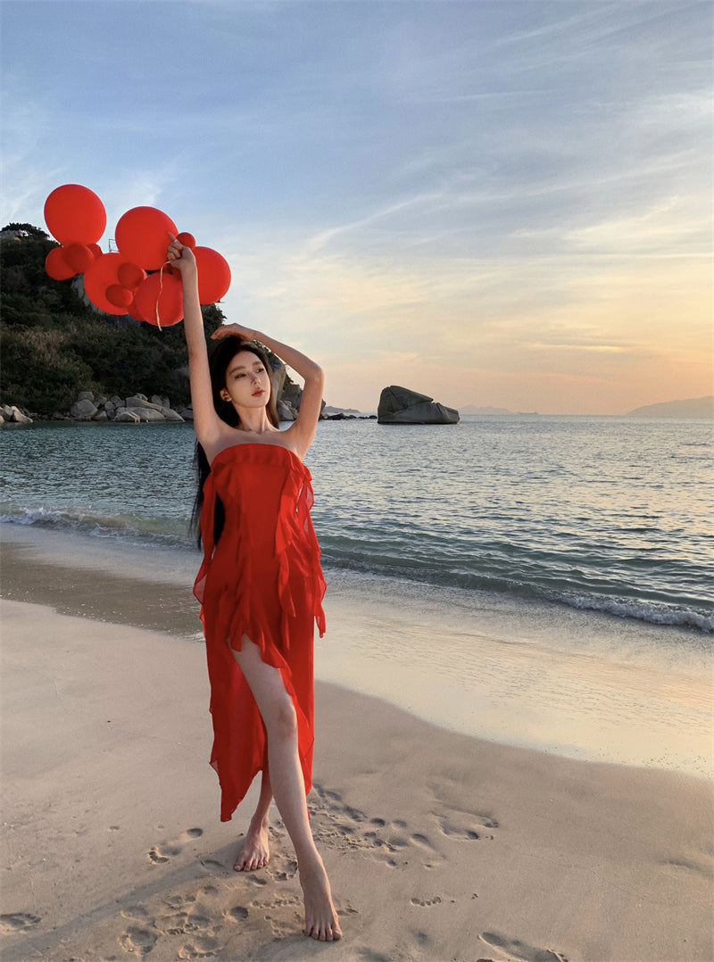 Casual Sheath Strapless Red Maxi Dress Charming Ruffles Trim High-Slit Long Dress AP3546