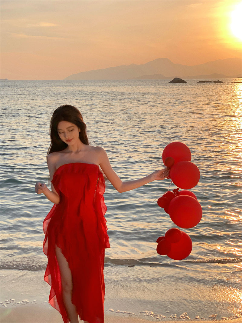 Casual Sheath Strapless Red Maxi Dress Charming Ruffles Trim High-Slit Long Dress AP3546