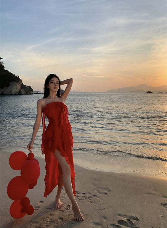 Casual Sheath Strapless Red Maxi Dress Charming Ruffles Trim High-Slit Long Dress AP3546