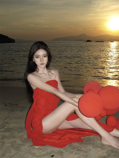 Casual Sheath Strapless Red Maxi Dress Charming Ruffles Trim High-Slit Long Dress AP3546