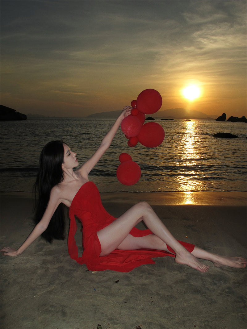 Casual Sheath Strapless Red Maxi Dress Charming Ruffles Trim High-Slit Long Dress AP3546