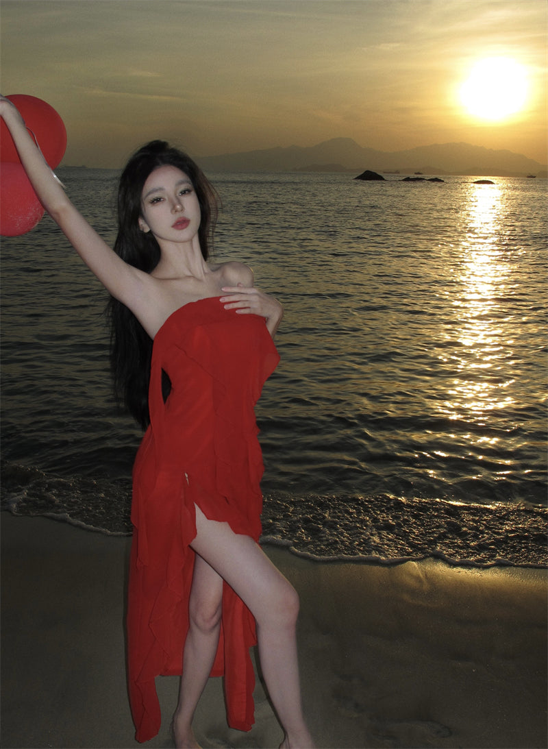 Casual Sheath Strapless Red Maxi Dress Charming Ruffles Trim High-Slit Long Dress AP3546