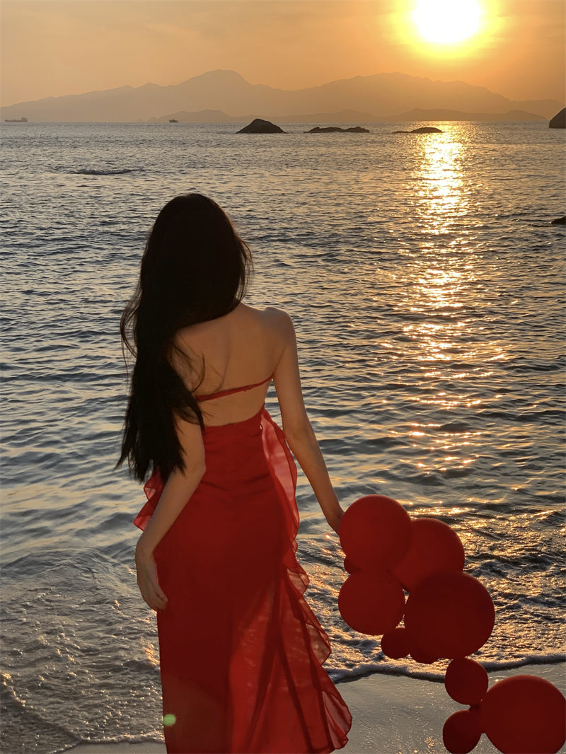 Casual Sheath Strapless Red Maxi Dress Charming Ruffles Trim High-Slit Long Dress AP3546