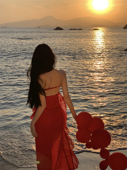 Casual Sheath Strapless Red Maxi Dress Charming Ruffles Trim High-Slit Long Dress AP3546