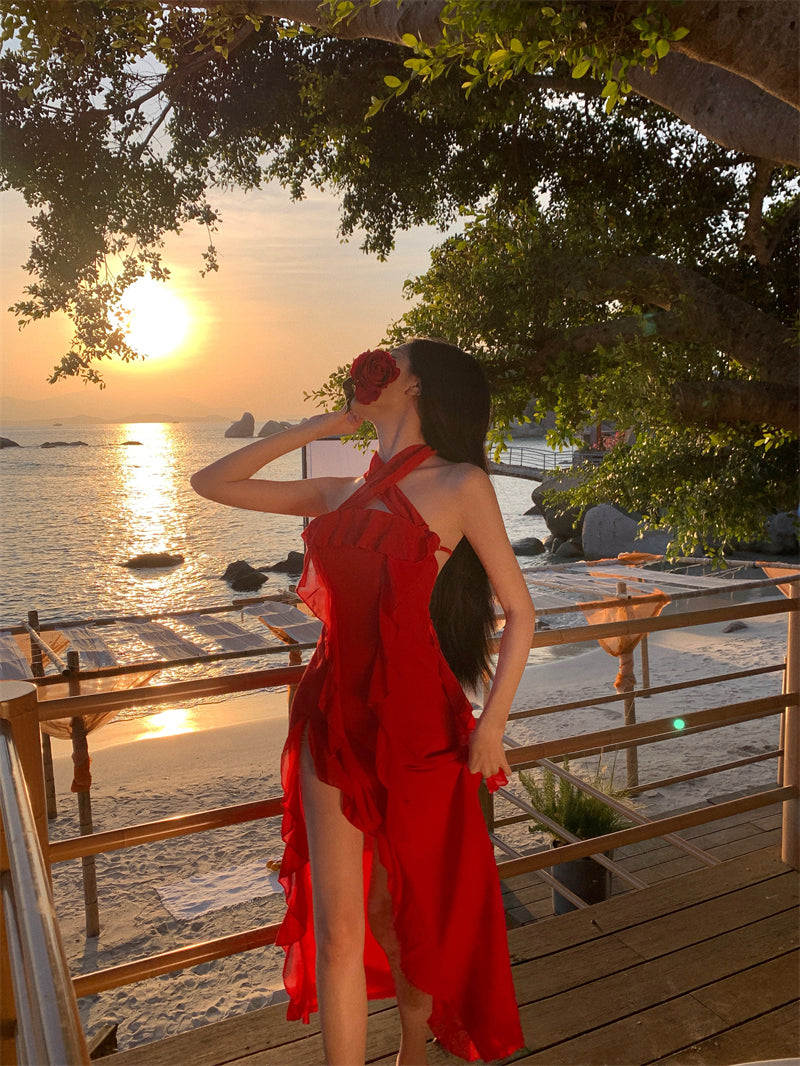 Casual Sheath Strapless Red Maxi Dress Charming Ruffles Trim High-Slit Long Dress AP3546