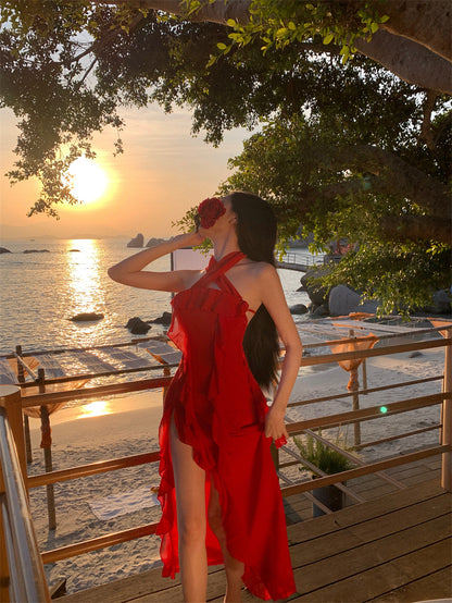 Casual Sheath Strapless Red Maxi Dress Charming Ruffles Trim High-Slit Long Dress AP3546