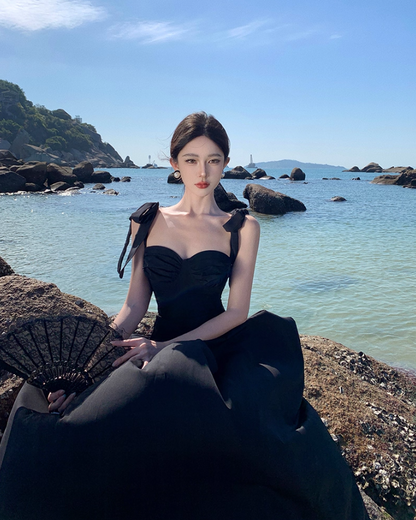 Gothic-Style Spaghetti Straps Cinched-Waist Maxi Dress Hottie Outfit Two-Piece Set Black A-Line Long Dress AP3547