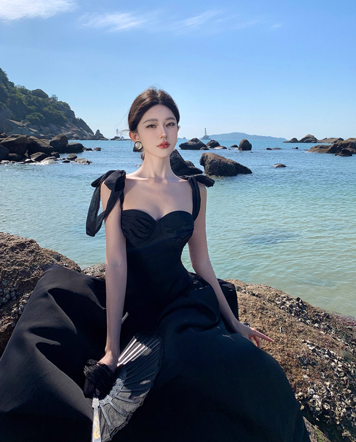 Gothic-Style Spaghetti Straps Cinched-Waist Maxi Dress Hottie Outfit Two-Piece Set Black A-Line Long Dress AP3547