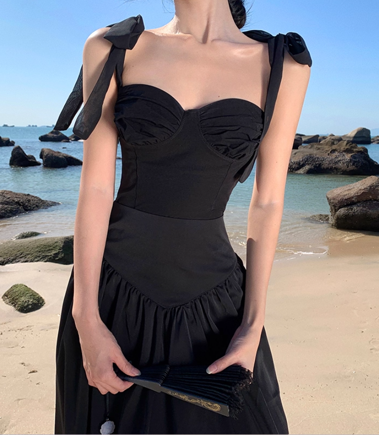 Gothic-Style Spaghetti Straps Cinched-Waist Maxi Dress Hottie Outfit Two-Piece Set Black A-Line Long Dress AP3547