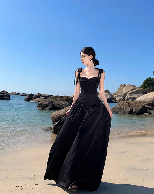 Gothic-Style Spaghetti Straps Cinched-Waist Maxi Dress Hottie Outfit Two-Piece Set Black A-Line Long Dress AP3547