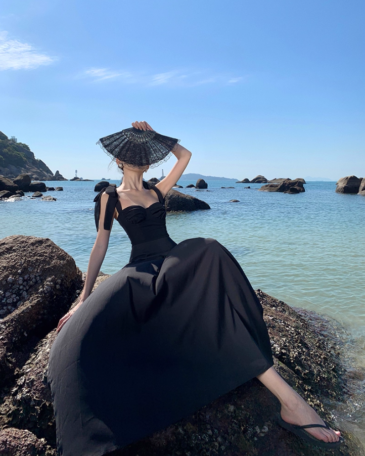 Gothic-Style Spaghetti Straps Cinched-Waist Maxi Dress Hottie Outfit Two-Piece Set Black A-Line Long Dress AP3547