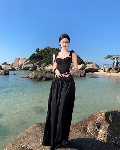 Gothic-Style Spaghetti Straps Cinched-Waist Maxi Dress Hottie Outfit Two-Piece Set Black A-Line Long Dress AP3547