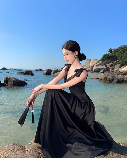 Gothic-Style Spaghetti Straps Cinched-Waist Maxi Dress Hottie Outfit Two-Piece Set Black A-Line Long Dress AP3547