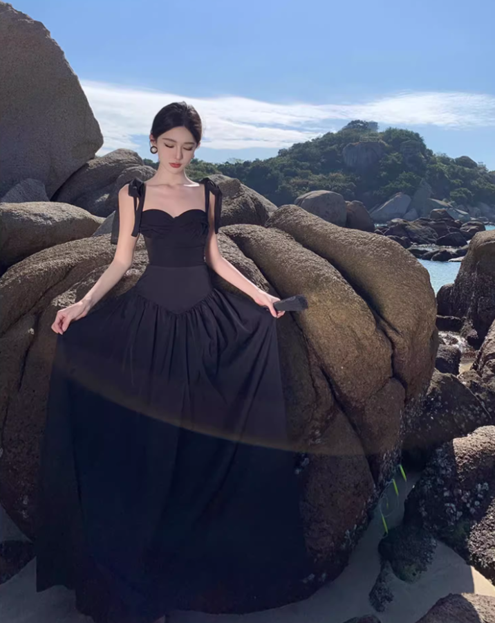 Gothic-Style Spaghetti Straps Cinched-Waist Maxi Dress Hottie Outfit Two-Piece Set Black A-Line Long Dress AP3547