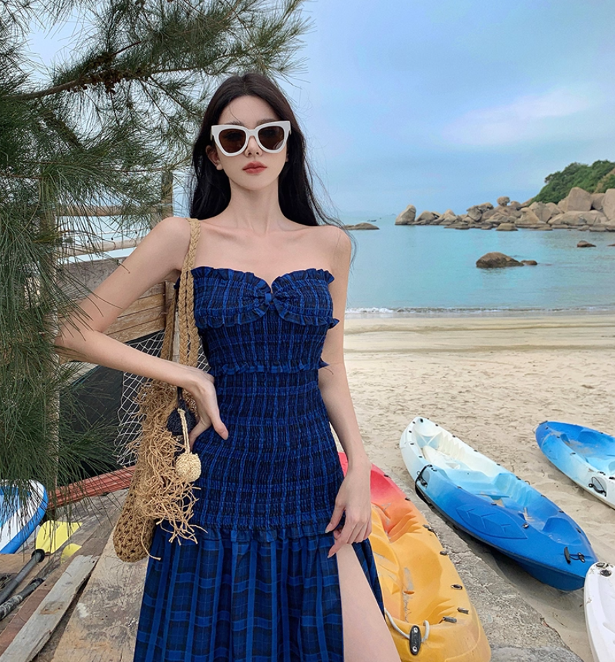 Hottie Outfit Strapless A-Line Plaid Maxi Dresses Gen Z Style Cinched-Waist High-Slit Ruffles Trim Long Dress AP3548