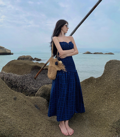 Hottie Outfit Strapless A-Line Plaid Maxi Dresses Gen Z Style Cinched-Waist High-Slit Ruffles Trim Long Dress AP3548