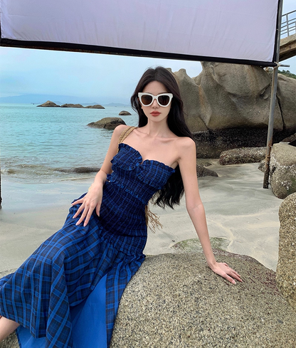 Hottie Outfit Strapless A-Line Plaid Maxi Dresses Gen Z Style Cinched-Waist High-Slit Ruffles Trim Long Dress AP3548