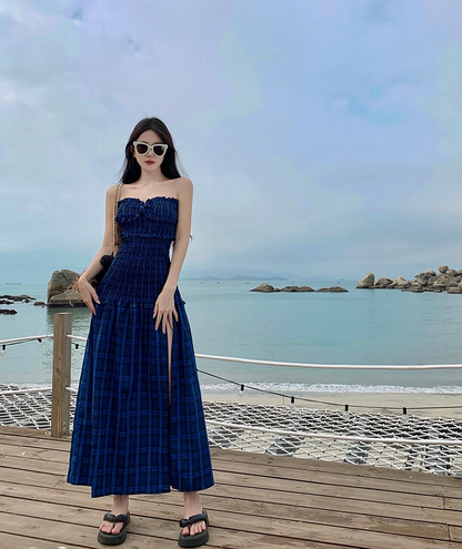 Hottie Outfit Strapless A-Line Plaid Maxi Dresses Gen Z Style Cinched-Waist High-Slit Ruffles Trim Long Dress AP3548