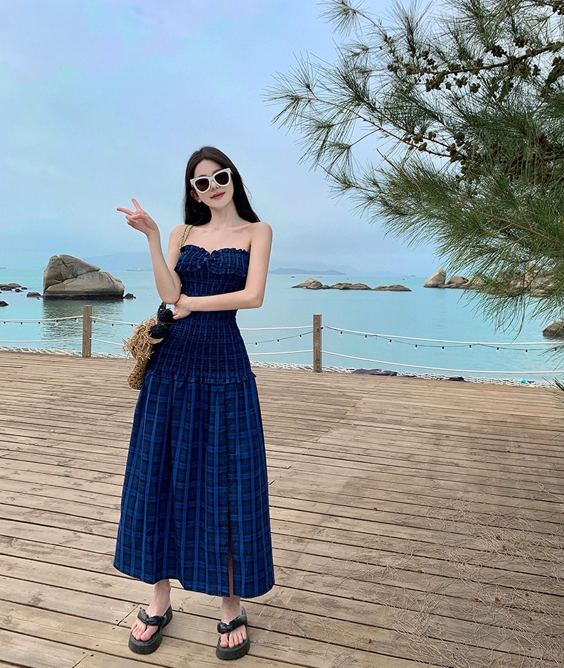 Hottie Outfit Strapless A-Line Plaid Maxi Dresses Gen Z Style Cinched-Waist High-Slit Ruffles Trim Long Dress AP3548