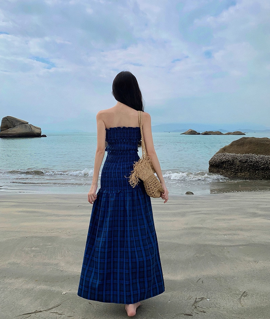 Hottie Outfit Strapless A-Line Plaid Maxi Dresses Gen Z Style Cinched-Waist High-Slit Ruffles Trim Long Dress AP3548