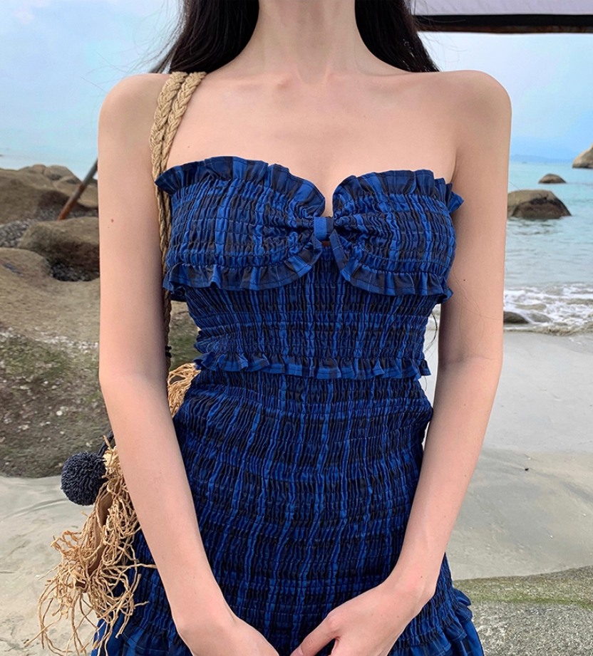 Hottie Outfit Strapless A-Line Plaid Maxi Dresses Gen Z Style Cinched-Waist High-Slit Ruffles Trim Long Dress AP3548