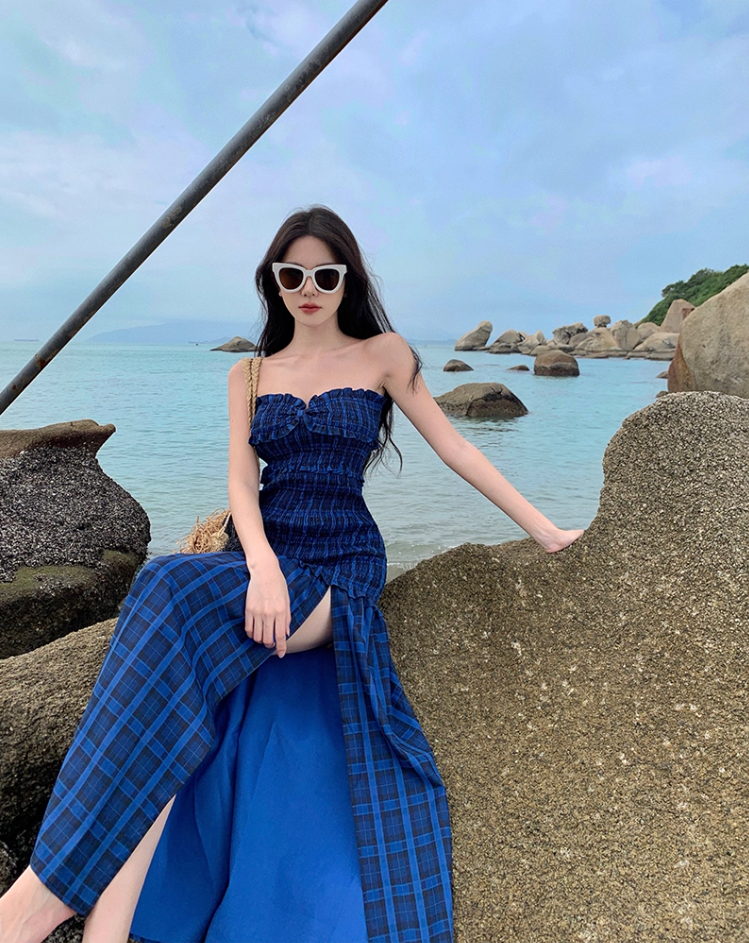 Hottie Outfit Strapless A-Line Plaid Maxi Dresses Gen Z Style Cinched-Waist High-Slit Ruffles Trim Long Dress AP3548