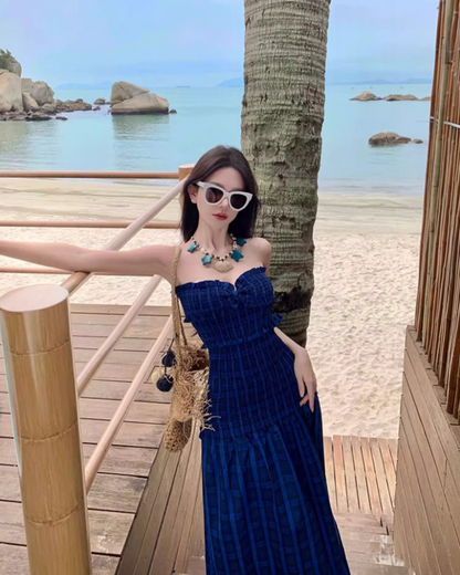 Hottie Outfit Strapless A-Line Plaid Maxi Dresses Gen Z Style Cinched-Waist High-Slit Ruffles Trim Long Dress AP3548